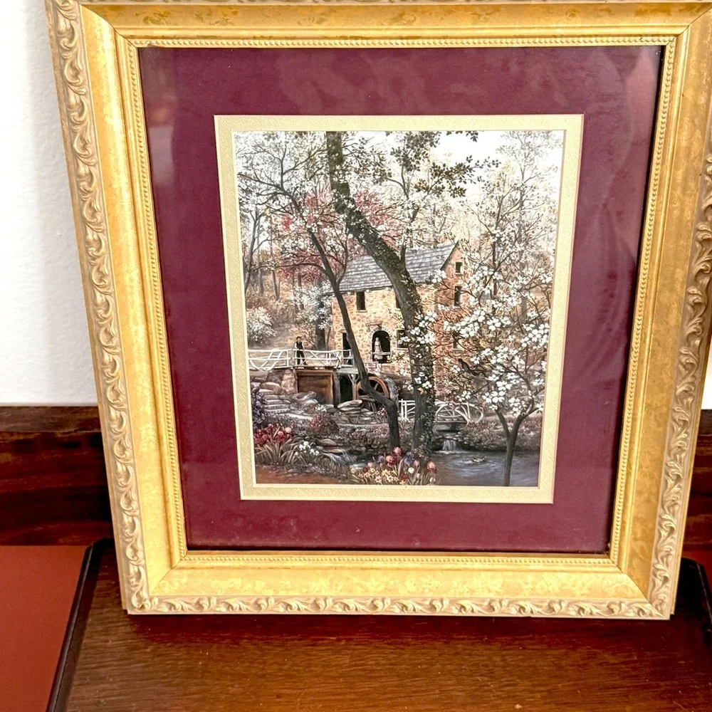 Old Mill Stream Cottage Glynda Turley Vintage Print Ornate Gold Framed Wall Art